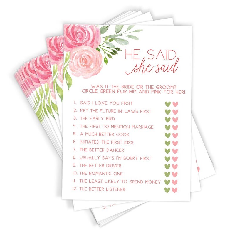 Printed Party Bridal Shower Games â€“ He Said She Said Game with Fun Bride and Groom Trivia, Wedding Shower Activity, Pink Floral Design, 50 Guests - Image 1
